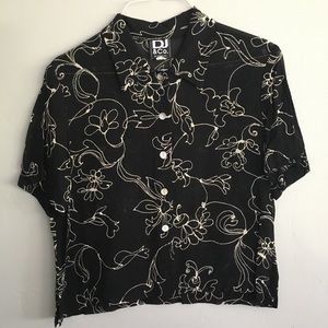 Sheer black floral button down short sleeve